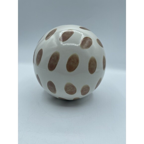 Painted Ceramic Sphere Sculpture, White with Brown Spots, Circumference 18.5in - Picture 3 of 6